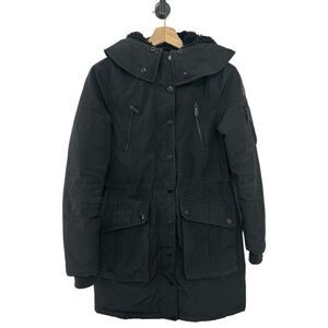 BCBG Black Parka XS Mid-Length Faux Fur Hood Designer Luxury Puffer Coat Jacket